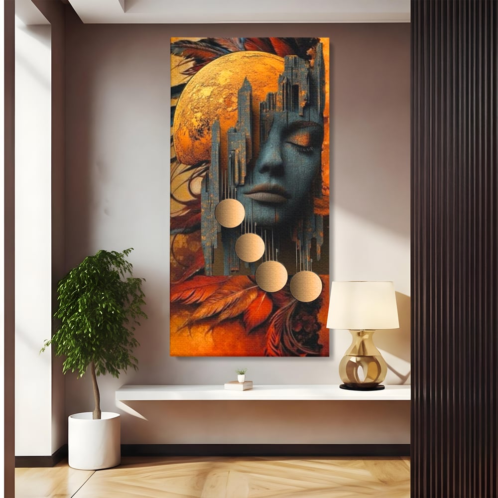 Tablou canvas cu tablou canvas cu chip de femeie si oras stilizat, fara rama, pe sasiu de lemn